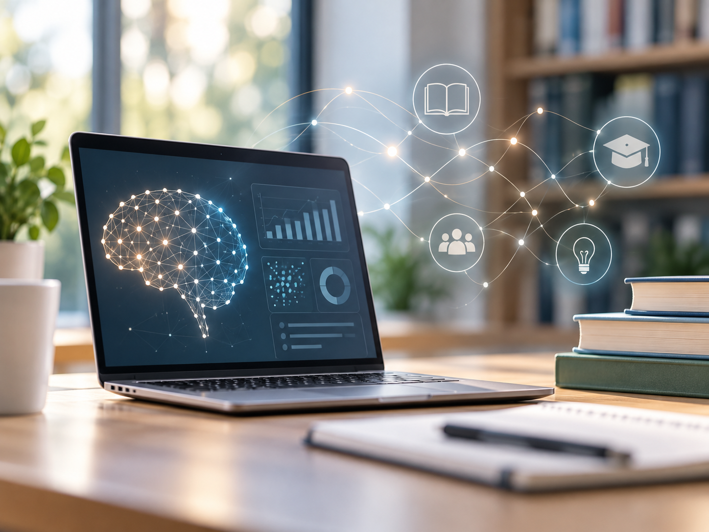 Illustration of artificial intelligence supporting student learning and research, with a laptop, learning icons, and connected information