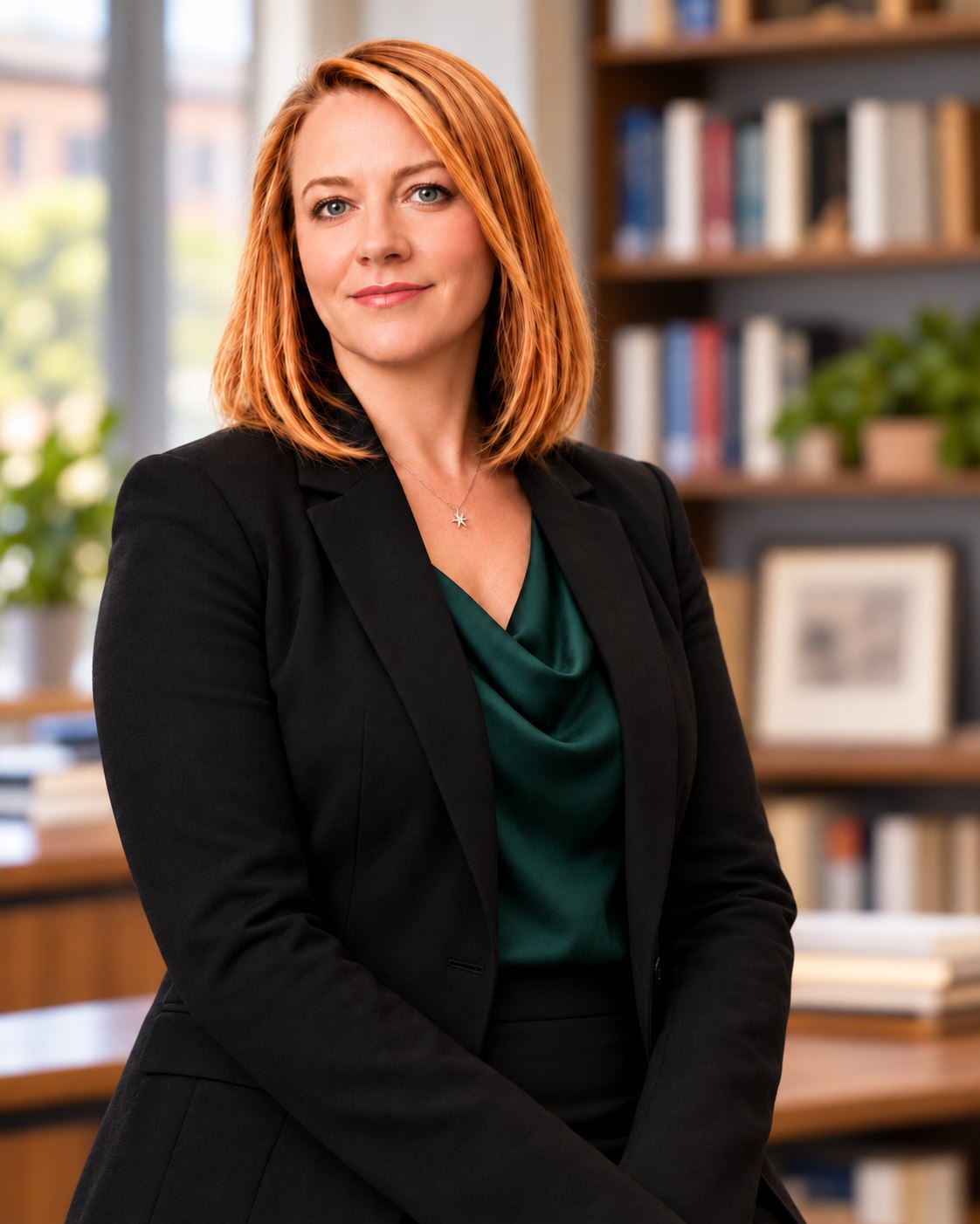 Illustrated professional portrait of Laura D. Young in an academic office